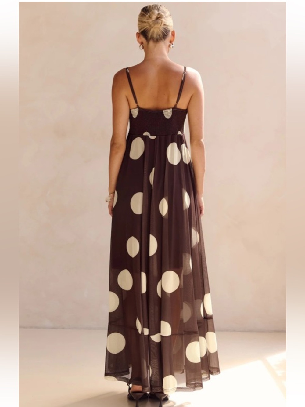 NWT! Polka Dot Spaghetti Strap Maxi Dress in Brown and Cream - Picture 3 of 4